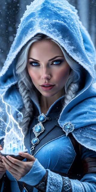 A close up portrait of a beautiful deadly blue ice female mage casting a spell, slim body, dark theme, soothing tones, muted colors, high contrast, (natural skin texture, hyperrealism, soft light, sharp), (freckles:0.6), (acne:0.4), wearing an ultra detailed texture blue mage cloth, Fimbulvetr, snowstorm, freezing, icicle, cold, windy, Canon EOS 5D Mark III, 85mm




