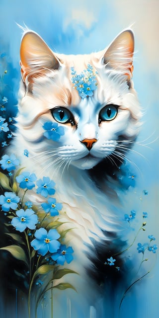 beautiful painting of a cat and a forget-me-not flower, in styles of Samantha Keely Smith and Ryan Hewett, creatures, digital, dream-like, ethereal, fantasy, magic-realism, mysterious, surreal, Expressionism, contemporary, Dream-like, Loneliness

