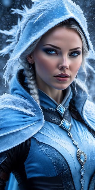 A close up portrait of a beautiful deadly blue ice female mage casting a spell, slim body, dark theme, soothing tones, muted colors, high contrast, (natural skin texture, hyperrealism, soft light, sharp), (freckles:0.6), (acne:0.4), wearing an ultra detailed texture blue mage cloth, Fimbulvetr, snowstorm, freezing, icicle, cold, windy, Canon EOS 5D Mark III, 85mm




