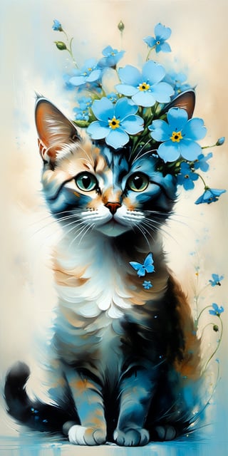 beautiful painting of a cat and a forget-me-not flower, in styles of Samantha Keely Smith and Ryan Hewett, creatures, digital, dream-like, ethereal, fantasy, magic-realism, mysterious, surreal, Expressionism, contemporary, Dream-like, Loneliness

