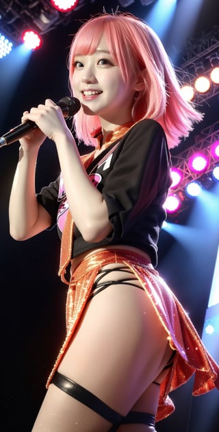 Realistic, 1women, (masterpiece 1.2), (ultra Max high quality 1.2), (high_resolution 4k), (high detailed face), singing on stage, in concert, cute teen KPOP girl, ginger hair, wearing pink and black trendy KPOP costume, (professional photo), little dressed, sweet smile,  showing long legs,real_yami 