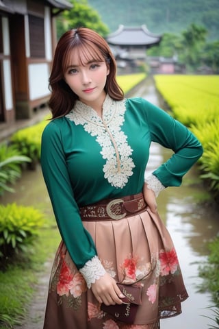 centered view of curvy hips masterpiece toned body medium breast short wavy brown hair big green delicate eyes Javanese bright skin teen lady wearing detailed lace traditional suit and leather jade belt and long wide floral painted brown skirt. hand on hips pose. raining village scenery. fujifilm XT3 HD.,yua_mikami, miniskirt