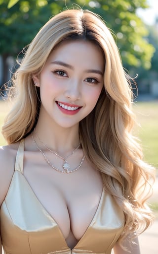 (realistic), (hyperrealism), (photorealistic), 1girl, solo, a stunning pretty Japanese girl, 20yo, cute round face, pretty face, long hair, breasts, busty, skinny, looking at viewer, smile, (blond hair), (platinum blonde long wavy curly hair), big boob, cleavage, eyeshadow, eyeliner, gal makeup, makeup, loose wavy, teeth, necklace, evil smile, realistic, watch, eye makeup, detailed eyes, detailed face, detailed background, black halter neck mid dress, walking at the plain field, sunset, big breasts, breasts out
BREAk, 
masterpiece, best quality, ultra high res, ultra detailed, face focus, sharp focus, 16k, ultra fine picture, photorealistic, realistic, perfect anatomy, ,1 girl,girlvn