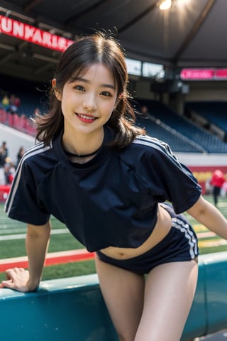 Candid photo of japanese girl, wearing burumashorts, crop top, with captivatingeyes, smiling amidst a bustling city, upper bodyframing, in a stadium, golden hourlighting:1.3), shot at eye level, on a Fujifilm X-T4with a 50mm lens, in the style of Alfred Stieglitz, girlph,btr_valezka
