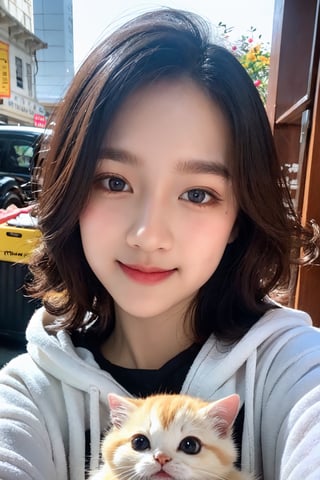 Masterpiece, high quality, raw photo, photorealistic, depth of field, high resolution, super detailed, detailed, smile, beautiful girl, cute little, curly hair, very detailed eyes and face, wearing a fluffy open-front hoodie holding a big-eyed munchkin kitten, sharp eyes, cinematic lighting, high nose,girlvn
