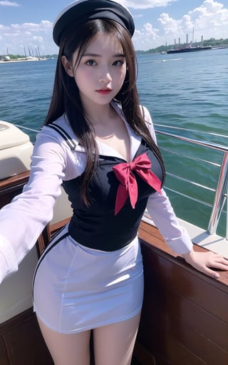 1girl,(solo),big,big_breasts:1.4,Beautiful, sexy, seductive sailor girl. standing on the deck of a boat in the middle of the ocean, the sunlight shining down highlights the beauty of the girl, her clothes and sailor hat in the 1950s, (masterpiece:1.3), (8k),a strange , concept art by senior character artist, featured on zbrush central, fantasy art, cryengine, unreal engine 5,photorealistic,ｍenesu,girlvn