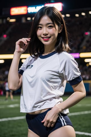 Candid photo of japanese girl, wearing burumashorts, with captivatingeyes, smiling amidst a bustling city, upper bodyframing, in a crowded stadium, golden hourlighting:1.3), shot at eye level, on a Fujifilm X-T4with a 50mm lens, in the style of Alfred Stieglitz, 