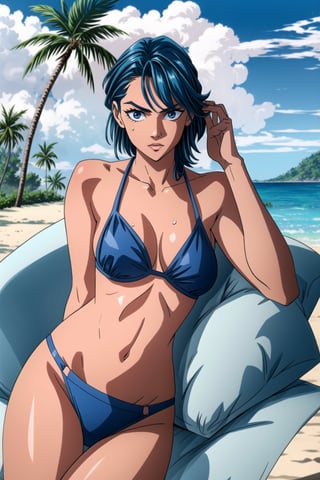 A beautiful young woman in a blue bikini relaxes at a tropical beach with palm trees and clear water, murata yuusuke