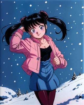 masterpiece, best quality, 1girl, solo, (chibi:0.7), closed mouth, (black_eyes),smile, looking at viewer,  scottpilgrimvstheworld, ,  denim skirt, pink pantyhose, pink wintercoat, black camisole, pink pigtails, snowing, snow, ,takahashi rumiko,1990s \(style\)