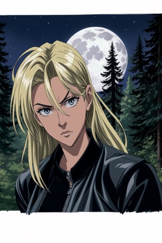 (1girl), long blond_hair, biker, leather jacket, seeing at viewer, forest, night, full moon, portrait,murata yuusuke