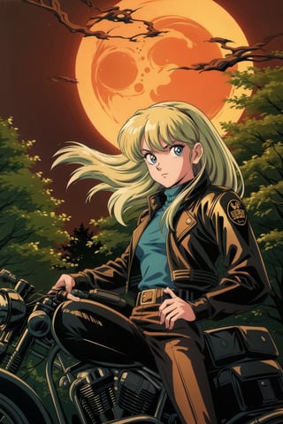 (1girl), long blond_hair, biker, leather jacket, seeing at viewer, forest, night, full moon, portrait,1990s \(style\),takahashi rumiko, retro artstyle