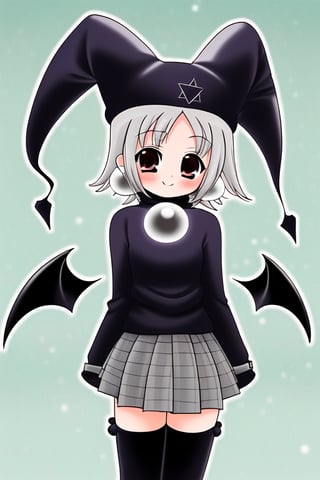 1girl, solo, looking at viewer, blush, smile, short hair, bangs, long sleeves, hat, jewelry, grey hair, earrings, wings, grey eyes, bat wings, jester cap, skirt, tick thigh, zettai ryouki