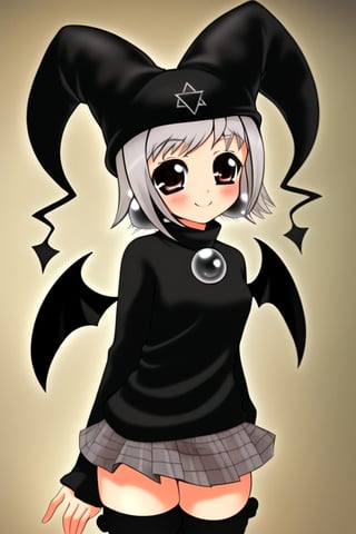 1girl, solo, looking at viewer, blush, smile, short hair, bangs, long sleeves, hat, jewelry, grey hair, earrings, wings, grey eyes, bat wings, jester cap, skirt, tick thigh, zettai ryouki