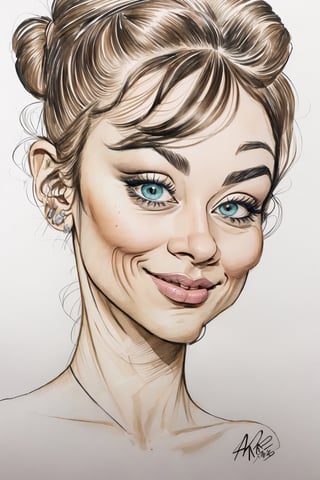 a beatifull female portrait, Audrey Hepburn, caricature, ink drawing and water colours,(MkmCut),(PnMakeEnh)