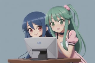 Two cute anime girls together, computer background