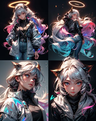 a girl is laying down, black jacket | shiny, from arknights, black leather shiny jeans, long shiny hair, wlop glossy skin, ultrarealistic sweet girl, flowing glowing hair, glowing flowing hair, arknights, holographic, (holographic texture), the style of wlop, flowing backlit hair, long glowing hair
