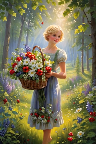 Delicately depicting the epitome of midsummer, this captivating image showcases the stunningly beautiful short-haired blonde girl in full view. In her left hand she holds a basket of berries, in her right hand a bouquet of flowers, Forest, flowers, green grass, trees. Delicate petals and bright flowers gracefully adorn her flowing locks, radiating the brightness of the season. The image, whether a masterfully painted canvas or a carefully composed photograph, captures every intricate detail with absolute precision. The artist's skillful brushstrokes or the photographer's keen eye for composition make this image a true work of art, 8kUHD.,perfecteyes