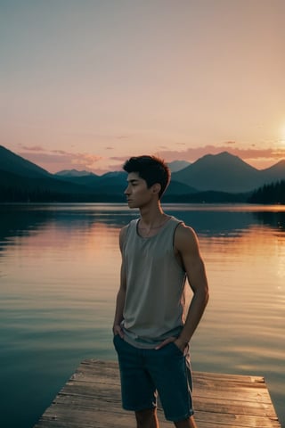 A young man stands on a weathered wooden dock extending over a still mountain lake at dusk. Dressed in cutoff denim shorts and a loose white tank top, he gazes pensively over the glassy waters with hands in his pockets. His hair glows in the golden light of the setting sun. A sense of peace and solitude pervades this high alpine scene at day's end as the sky fades into pastel hues and the loons begin their plaintive calls