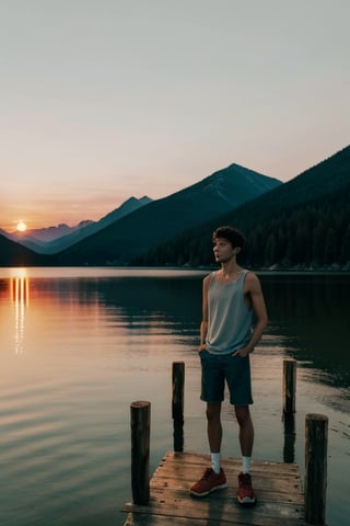 A young man stands on a weathered wooden dock extending over a still mountain lake at dusk. Dressed in cutoff denim shorts and a loose white tank top, he gazes pensively over the glassy waters with hands in his pockets. His hair glows in the golden light of the setting sun. A sense of peace and solitude pervades this high alpine scene at day's end as the sky fades into pastel hues and the loons begin their plaintive calls