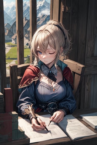 
Masterpiece, high_res, unreal engine 5, highest quality, detailed face, detailed eyes,better color, 1girl,jeanseabreeze, sleeping,holding a quill in right hand,empty left hand,looking down,indoors, working,mediaeval, castle, office room, wooden chair, wooden table,left hend on table,books and documents on table, looking to table,sitting on chair, scenery , window, distant mountains,windmill, mediaeval house ,FFIXBG