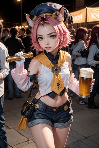 1 Girl, beer, girl holding beer, graceful figure, crowd, beer festival, high-definition image quality, best portrait, SFW., masterpiece, best quality, outdoors,1girl, animal ears, solo, diona (genshin impact), cat ears, pink hair, tail, navel, cat tail, animal ear fluff, hat, shorts,green eyes, cat girl, gloves, white gloves,  detached sleeves,(kbxll:0.8)