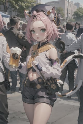 1 Girl, beer, girl holding beer, graceful figure, crowd, beer festival, high-definition image quality, best portrait, SFW., masterpiece, best quality, outdoors,1girl, animal ears, solo, diona (genshin impact), cat ears, pink hair, tail, navel, cat tail, animal ear fluff, hat, shorts,green eyes, cat girl, gloves, white gloves,  detached sleeves,(kbxll:0.8)