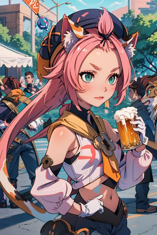 1 Girl, beer, girl holding beer, graceful figure, crowd, beer festival, high-definition image quality, best portrait, SFW., masterpiece, best quality, outdoors,1girl, animal ears, solo, diona (genshin impact), cat ears, pink hair, tail, navel, cat tail, animal ear fluff, hat, shorts,green eyes, cat girl, gloves, white gloves,  detached sleeves,(kbxll:0.8)