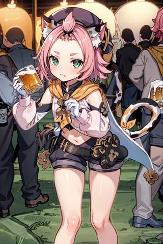 1 Girl, beer, girl holding beer, graceful figure, crowd, beer festival, high-definition image quality, best portrait, SFW., masterpiece, best quality, outdoors,1girl, animal ears, solo, diona (genshin impact), cat ears, pink hair, tail, navel, cat tail, animal ear fluff, hat, shorts,green eyes, cat girl, gloves, white gloves,  detached sleeves,(kbxll:0.8)