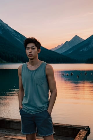 A young man stands on a weathered wooden dock extending over a still mountain lake at dusk. Dressed in cutoff denim shorts and a loose white tank top, he gazes pensively over the glassy waters with hands in his pockets. His hair glows in the golden light of the setting sun. A sense of peace and solitude pervades this high alpine scene at day's end as the sky fades into pastel hues and the loons begin their plaintive calls