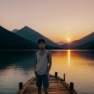 A young man stands on a weathered wooden dock extending over a still mountain lake at dusk. Dressed in cutoff denim shorts and a loose white tank top, he gazes pensively over the glassy waters with hands in his pockets. His hair glows in the golden light of the setting sun. A sense of peace and solitude pervades this high alpine scene at day's end as the sky fades into pastel hues and the loons begin their plaintive calls