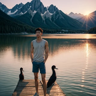 A young man stands on a weathered wooden dock extending over a still mountain lake at dusk. Dressed in cutoff denim shorts and a loose white tank top, he gazes pensively over the glassy waters with hands in his pockets. His hair glows in the golden light of the setting sun. A sense of peace and solitude pervades this high alpine scene at day's end as the sky fades into pastel hues and the loons begin their plaintive calls