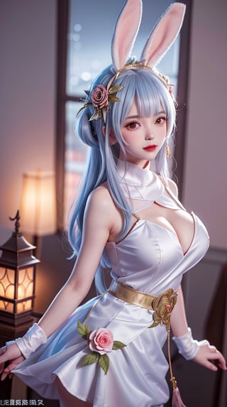 mature female, arms behind back, cityscape,night,facial mark,close-up, indoors,window, 1girl,blush,skirt,looking at viewer,（nsfw, no cloth, no bra. No panties, ）standing,hair ornament, hair flower, flower, rose,long hair,light blue hair,bangs, rabbit ears,  ,