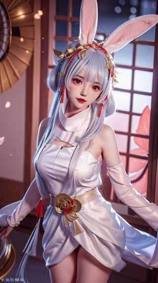 mature female, arms behind back, cityscape,night,facial mark,close-up, indoors,window, 1girl,blush,skirt,looking at viewer,（nsfw, no cloth, no bra. No panties, ）standing,hair ornament, hair flower, flower, rose,long hair,light blue hair,bangs, rabbit ears,  ,