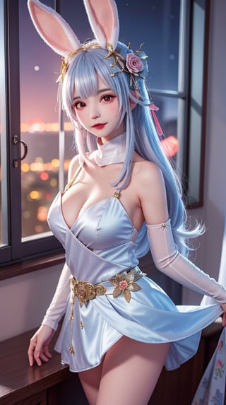 mature female, arms behind back, cityscape,night,facial mark,close-up, indoors,window, 1girl,blush,skirt,looking at viewer,（nsfw, no cloth, no bra. No panties, ）standing,hair ornament, hair flower, flower, rose,long hair,light blue hair,bangs, rabbit ears,  ,