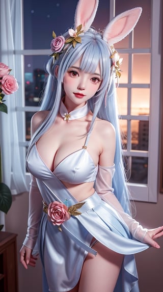 mature female, arms behind back, cityscape,night,facial mark,close-up, indoors,window, 1girl,blush,skirt,looking at viewer,（nsfw, no cloth, no bra. No panties, ）standing,hair ornament, hair flower, flower, rose,long hair,light blue hair,bangs, rabbit ears,  ,