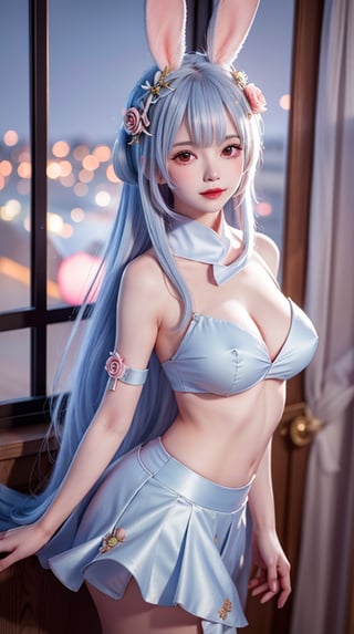 mature female, arms behind back, cityscape,night,facial mark,close-up, indoors,window, 1girl,blush,skirt,looking at viewer,（nsfw, no cloth, no bra. No panties, ）standing,hair ornament, hair flower, flower, rose,long hair,light blue hair,bangs, rabbit ears,  ,