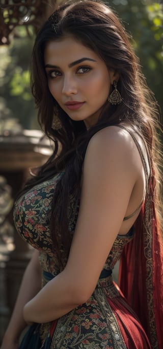 (masterpiece, best quality, ultra-detailed, 8K),high detail, realisitc detailed, a beautiful young mature pakistani women slight fat curvy body with long flowy black hair over shoulders in the dark, weraing a full tight red old mughal style dress, blue eyes, pale soft skin, kind smile, glossy lips, a serene and contemplative mood, setting on the top of the mountain, ,red lips,hd makeup,Indian