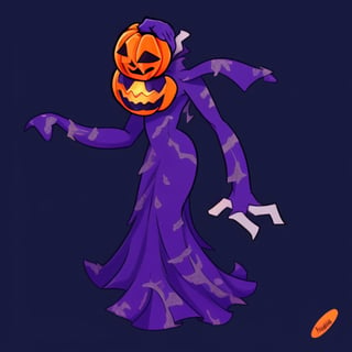 Jack-o-lantern-headed lady, covered in vines, big hands [Geometrical, bendy, toy-like mute color artstyle, full body]