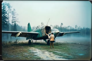 tarkovsky polaroid, abandoned airplanes, forest, misty woods, mysterious girl, hot girl, ghost,