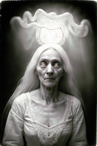 daguerreotype photograph, head and shoulders potrait, of a frail old woman, long tangled white hair, intricate lace dress, white high-necked blouse with a high neckline, white eyes, whiteeyes, scary, ghost, upside-down 
