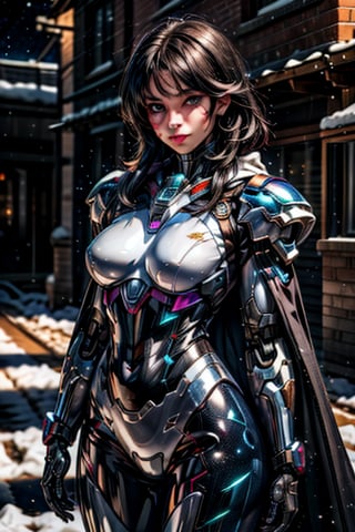 masterpiece,best quality,(photorealistic:1.4),(ultra detailed:1.3), mecha Female Arcane Technomancer: A skilled spellcaster with cybernetic implants that amplify magical prowess, combined with a neural interface for hacking into arcane networks.,Glittering Galaxy Bodysuit,Snow White Cloak with Iridescent Snowflakes: Iridescent snowflakes adorn the cape, glistening with a soft glow.,mecha musume,mecha,perfecteyes