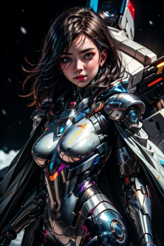 masterpiece,best quality,(photorealistic:1.4),(ultra detailed:1.3), mecha Female Arcane Technomancer: A skilled spellcaster with cybernetic implants that amplify magical prowess, combined with a neural interface for hacking into arcane networks.,Glittering Galaxy Bodysuit,Snow White Cloak with Iridescent Snowflakes: Iridescent snowflakes adorn the cape, glistening with a soft glow.,mecha musume,mecha,perfecteyes
