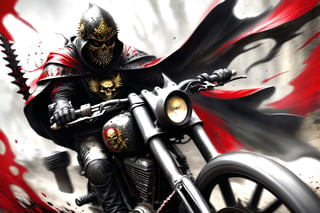 The caped Chainsaw biker, grotesquery, dark, eerie, hellish motorcycle, art by Yoann Lossel, spikes on wheels, bloody Macabre, 2000 AD comic style, red image filter, 3d ground view, High speed Slow motion, Dynamic motion blur, fisheye cam, dslr, raw photography, cinematic motion. 