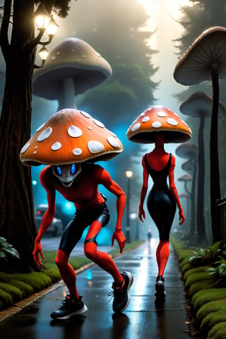 Glossy (Anthropomorphic walking alien mushroom creatures:1.2), with macabre faces inspired by Alex Horley's art style, invading Earth, specifically targeting Los Angeles city, dramatic lighting, golden ratio, ultra-realistic, digital painting. 