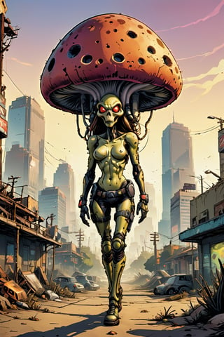 Glossy Anthropomorphic walking alien mushroom creatures, with macabre faces inspired by Alex Horley's art style, invading Earth, specifically targeting Los Angeles city, dramatic lighting, golden ratio, ultra-realistic, digital painting. 