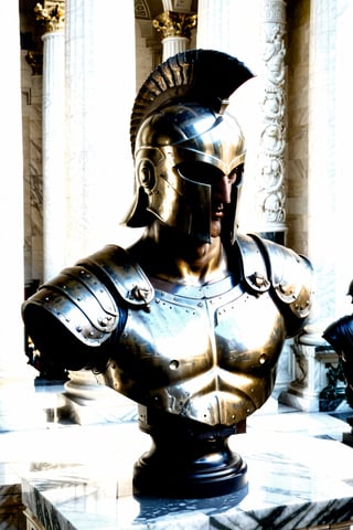 Spartan warrior cast as a bronze bust statue, positioned centrally on a marble pedestal flanked by Corinthian columns, intricate detail on the helmet plume, patina accentuating the warrior's stern features, armor embossed with historical motifs, in a grand hall with sunlight filtering through high arching windows casting soft shadows, dramatic lighting, high dynamic range, 8k resolution. 