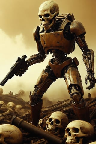 (faceless android:1.5), brown rusty colors,(holding a squared gun:1.2), crouched position, on top of a mount of human decayed white skulls and bones, Dark Gold, nuclear fallout skies, dense brown fog, destroyed dystopian city, silverpoint, hyperrealistic art, extremely high-resolution details, photographic, realism pushed to extreme, fine texture, incredibly lifelike, 