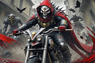 The caped Chainsaw biker, grotesquery, dark, eerie, hellish motorcycle, art by Yoann Lossel, spikes on wheels, bloody Macabre, 2000 AD comic style, red image filter, 3d ground view, High speed Slow motion, Dynamic motion blur, fisheye cam, dslr, raw photography, cinematic motion. 