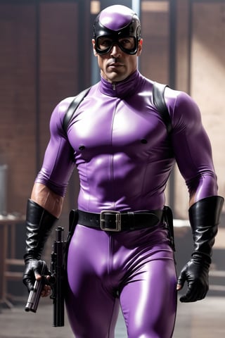 The Phantom by Lee Falk, light purple rubber bodysuit, athletic muscled, skull buckle, black long boots, black eye mask, double gun holsters, realistic art. , cinematic moviemaker style