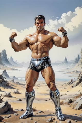 (Man with full body made of chrome:1.6), heroic front posing as bodybuilder, arms up, perfect anatomy and musculature, masterpiece art by Frank Frazetta and Hajime Sorayama, (reflective:1.2). 